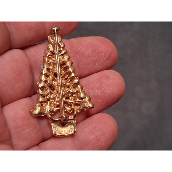 Pink Stone Christmas Tree Brooch Swoboda? Gold Tone Glass Vintage - Picture 3 of 3